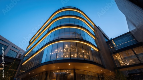 Reflective curved fa??A section ade building with warm LED strips accenting frame evening blue hour scene with cinematic lighting contrast