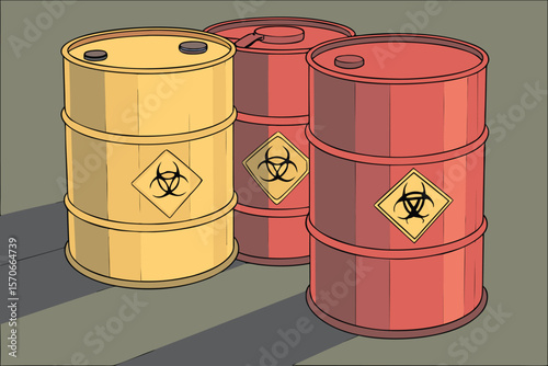   a group of colored barrels and containers with biohazard and toxic warning symbols, realistic, highly detailed, 8k, cinematic lighting