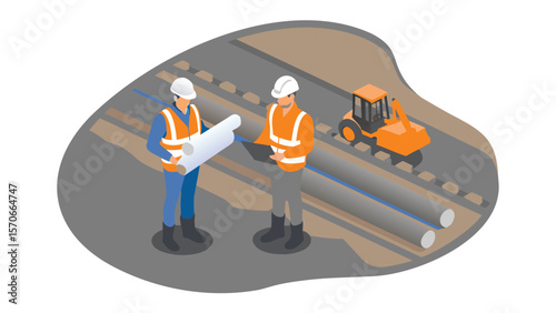 Two construction workers reviewing plans at a construction site with pipes and an excavator present
