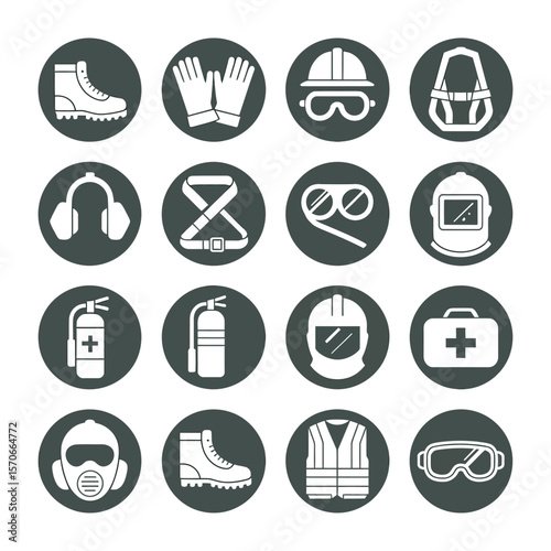 Collection of Fifteen Dark Gray Circular Icons Depicting Essential Safety Equipment Including Boots Gloves Hard Hats Safety Glasses Harnesses Earmuffs Safety Belts Welding Goggles Welding