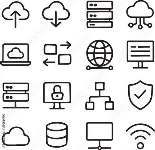 Cloud Computing Icons Server, Network, Data, Upload, Download