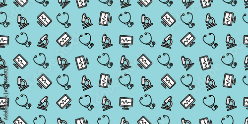 医療アイコンのシームレスパターン・背景素材
Modern Seamless Background Pattern Featuring Medical Icons and Healthcare Equipment in Flat Vector Design