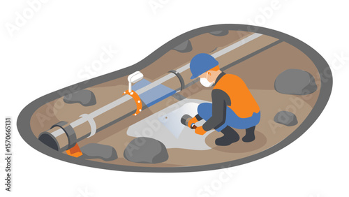 Worker inspecting a pipe with water leak in a trench wearing safety gear and using a flashlight tool