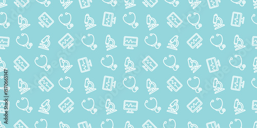 医療アイコンのシームレスパターン・背景素材
Modern Seamless Background Pattern Featuring Medical Icons and Healthcare Equipment in Flat Vector Design