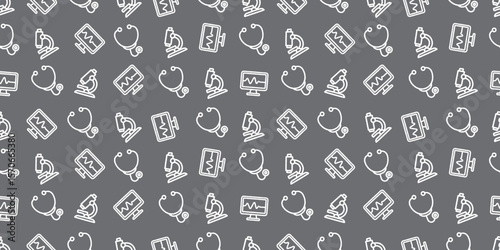 医療アイコンのシームレスパターン・背景素材
Modern Seamless Background Pattern Featuring Medical Icons and Healthcare Equipment in Flat Vector Design