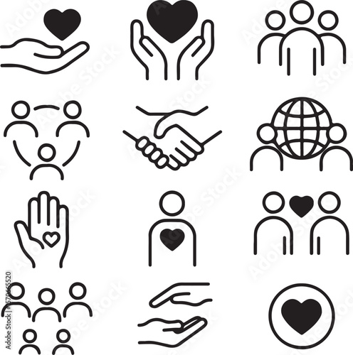 Collection of Community, Charity, and Care Icons  Helping Hands, Global Unity, and Heart Symbols