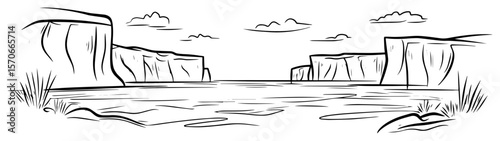 dramatic sea cliffs coastline line art vector landscape