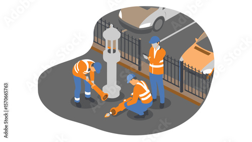 Three workers in safety vests installing pipes near a lamppost and parked cars on the street scene