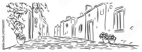 old town cobblestone street sketch vector illustration