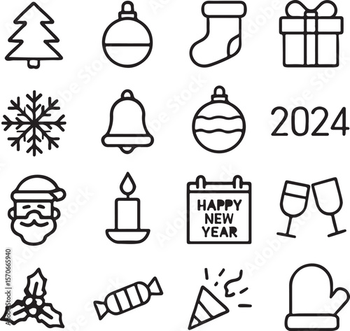 2024 New Year's Eve Icons Festive Line Art Graphics