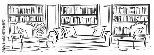 cozy living room interior with bookshelf sketch vector