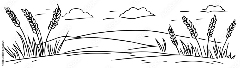 Fototapeta premium wheat field panorama line art vector landscape illustration