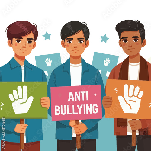 three individuals holding "ANTI BULLYING" signs is suitable for websites and blogs focused on social justice, youth advocacy, and anti-bullying initiatives.