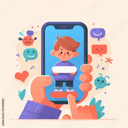 An illustration of a child on a phone screen, surrounded by various emotional reaction icons. Ideal for blogs/websites about social media impact, youth screen time, or digital emotional well-being.

