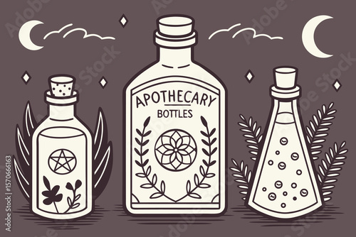  apothecary bottles, vintage style, detailed, glass containers, herbs, potions, labels, mystical, occult, fantasy, digital art, photorealistic
