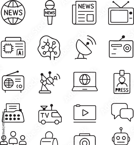 Global News Media Communication Icons Broadcasting, Journalism, and Technology
