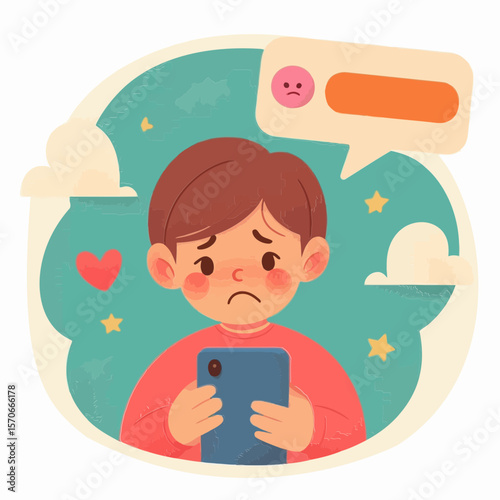 This image of a sad boy looking at a phone with a frowny face message is suitable for websites or blogs discussing cyberbullying, screen time, emotional health, and child safety online.

