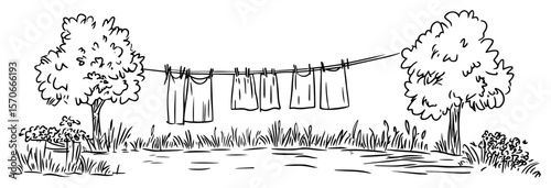 laundry on clothesline rural landscape sketch vector