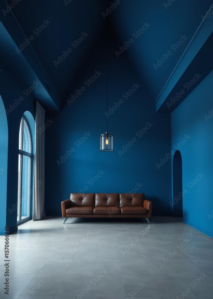 Fototapeta premium Minimalist living room with blue walls leather sofa and a hanging light Empty room interior design architecture blank design room striking structures clean lines geometric shapes dramatic an
