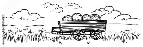 wooden farm cart with hay bales sketch vector