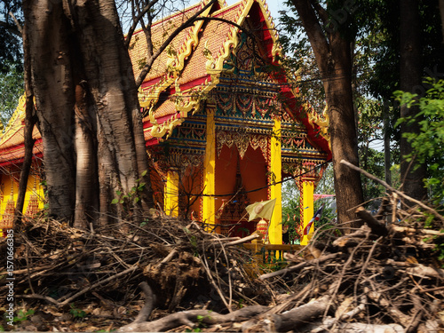 Ornate Golden Thai Temple Facade Framed by Trees