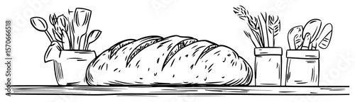 fresh bread on table bakery sketch vector illustration