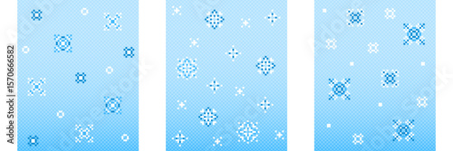 Pixel snow patterns set - white and blue snowflakes scattered on pastel gradient background. Different crystal shapes, dots and geometric forms for winter game textures, retro 8 bit holiday designs.