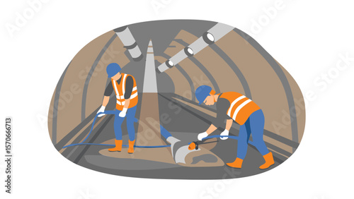 Two workers in safety gear cleaning a tunnel with lights and a drainage system visible inside it
