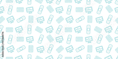 医療アイコンのシームレスパターン・背景素材
Modern Seamless Background Pattern Featuring Medical Icons and Healthcare Equipment in Flat Vector Design
