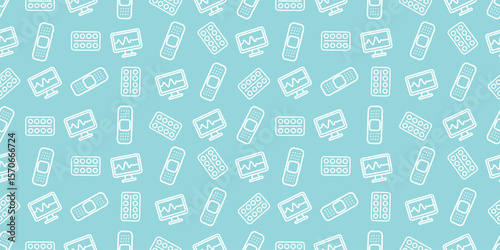 医療アイコンのシームレスパターン・背景素材
Modern Seamless Background Pattern Featuring Medical Icons and Healthcare Equipment in Flat Vector Design