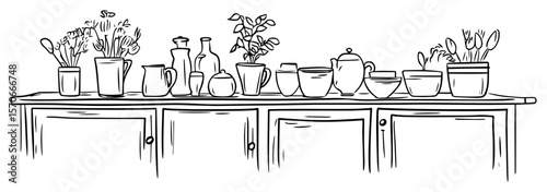 kitchen counter with assorted dishes and herbs line art vector illustration