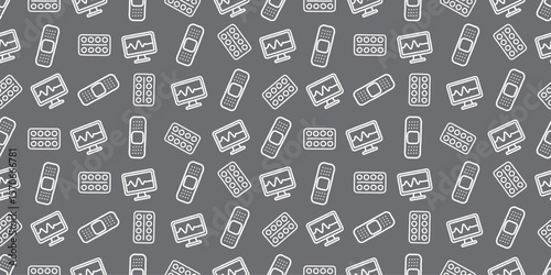 医療アイコンのシームレスパターン・背景素材
Modern Seamless Background Pattern Featuring Medical Icons and Healthcare Equipment in Flat Vector Design