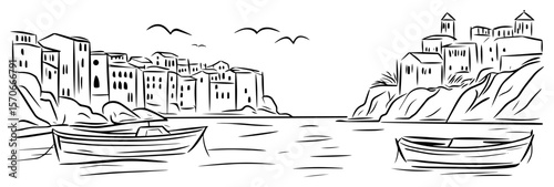 seaside village harbor with boats line art vector landscape