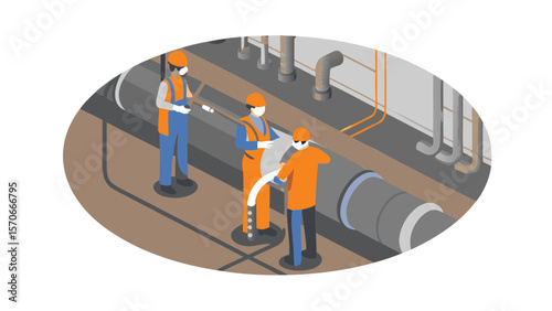 Isometric view of construction workers repairing a pipe with safety gear in an industrial setting indoors