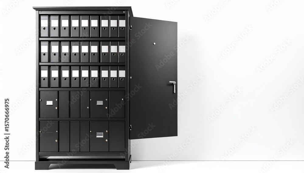 Black storage cabinet with labeled binders and locked drawers, isolated on white Black storage cabinet with labeled binders and locked drawers, isolated on white