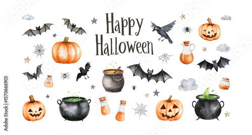 Halloween elements set. Collection of children's watercolor illustration. Pumpkins, cauldron, potion, bat, spider web, crow, lettering. Isolated clipart with clear even edge on transparent background