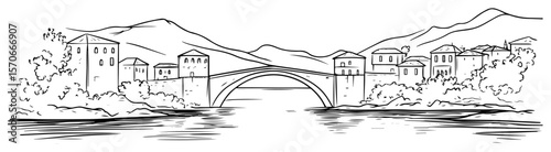 mostar old bridge stari most sketch vector illustration
