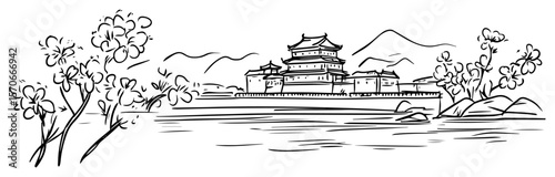 chinese palace with cherry blossom sketch vector