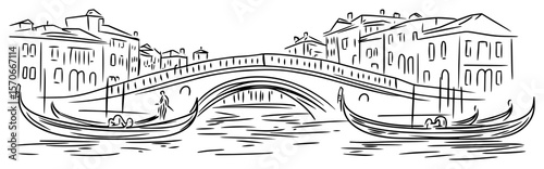 venice rialto bridge with gondolas line art vector illustration