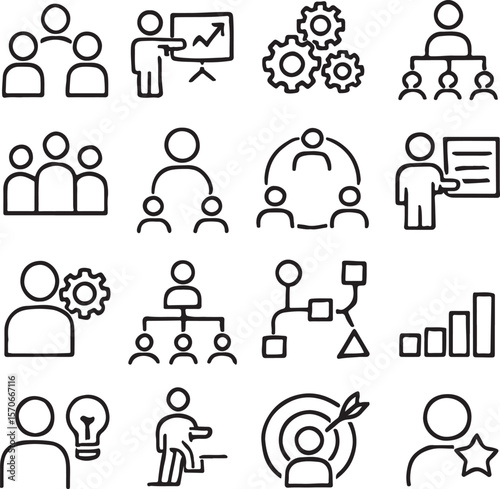 Teamwork, Organization, and Management Icons A Collection of Line Art Graphics