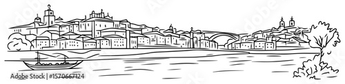 coastal hilltop harbour town panorama line art vector landscape