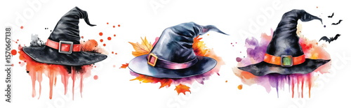 Halloween witch hats hand drawn holiday vector illustration with watercolor splashes background