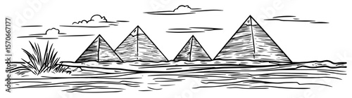 egyptian pyramids desert panorama line art vector illustration