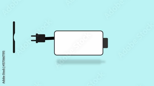 Flat animated illustration showing battery charging process, visualizing energy refill and power regeneration in progress