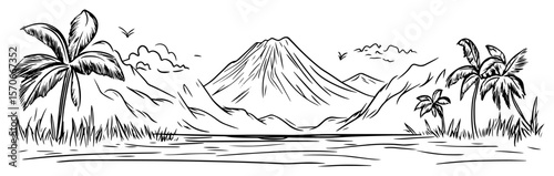 tropical island landscape with volcano sketch vector