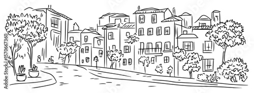 old mediterranean town street scene sketch vector