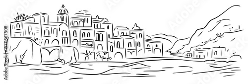 cliffside mediterranean village coastline line art vector illustration
