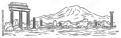 pompeii ruins with vesuvius volcano sketch vector