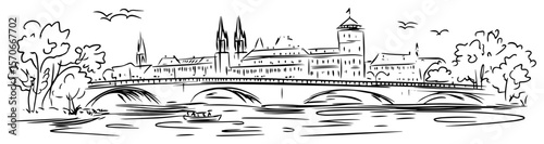 prague cityscape with charles bridge sketch vector