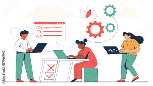 Team of developers collaborates on project, showcasing teamwork and problem solving skills